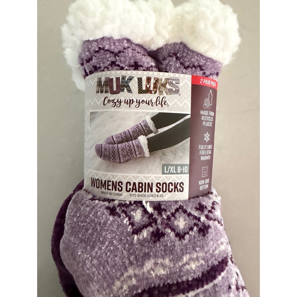 Muk Luks Womens Cabin Socks 2 Pair Pack Purple Fair Isle L/XL 8-10 Non-Skid - Picture 2 of 6
